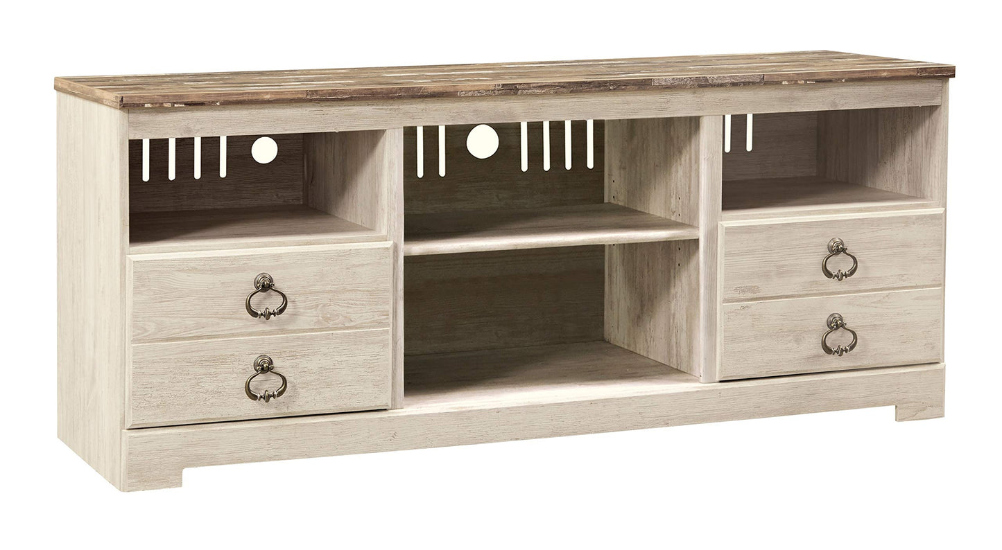 Signature Design by Ashley Willowton Farmhouse TV Stand With Fireplace Option Fits TVs up to 62" with 2 Drawers and 2 Storage Cubbies, Whitewash