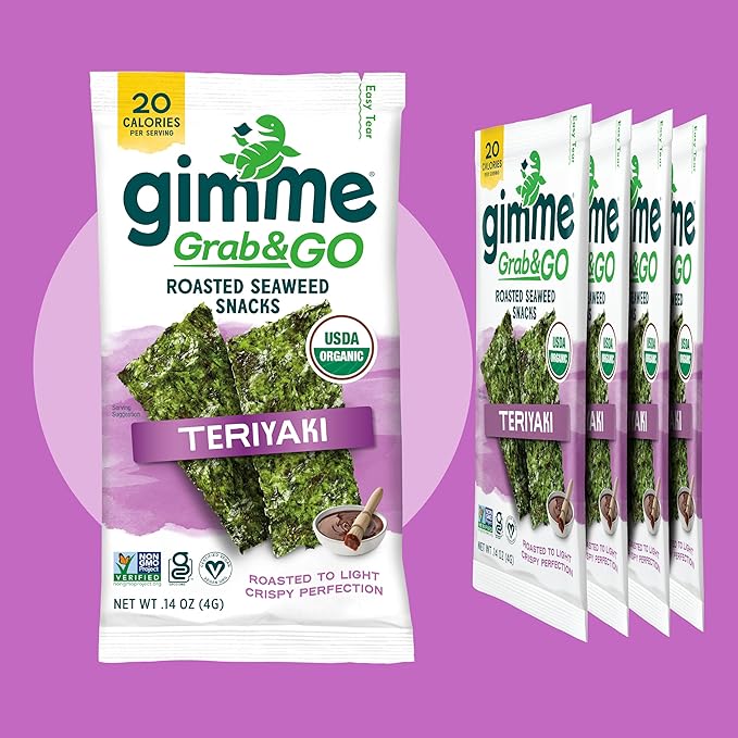 Gimme Seaweed Grab & Go Organic Premium Roasted Seaweed Snacks, Teriyaki, 5 Count Trayless, Keto, Vegan, Gluten-Free, Source of Omega3s and Iodine, Healthy On-The-Go Snack for Kids and Adults