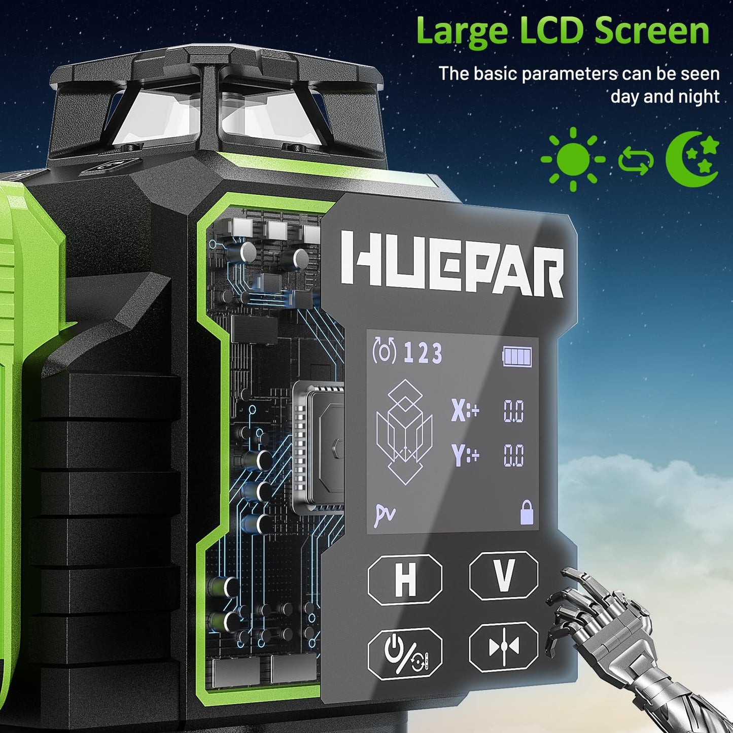 Huepar W04CG 4D Laser Level 360 Self Leveling with 2 Li-ion Batteries, Laser Class: Class II (IEC/EN60825-1/2014), 1mW power output