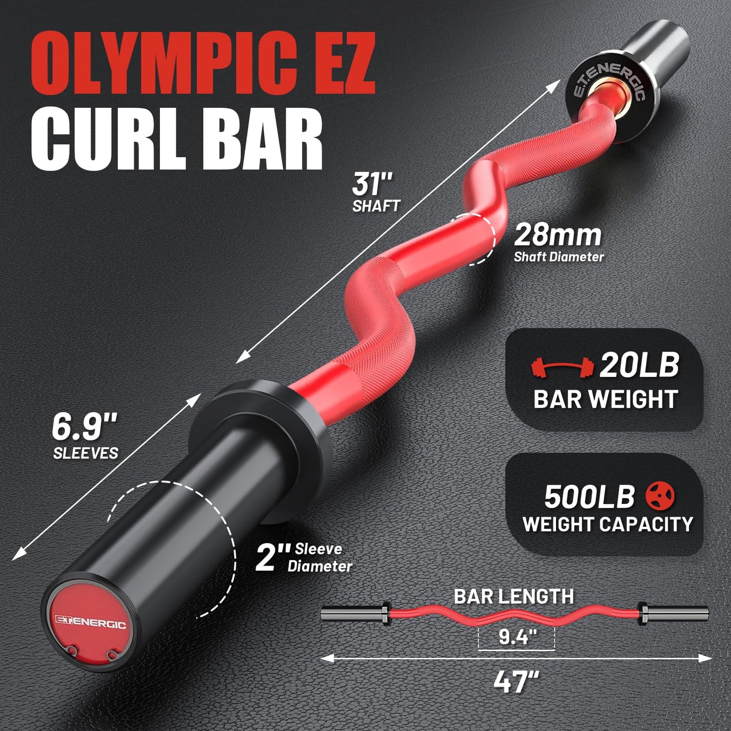 E.T.ENERGIC 47" Curl Bar Olympic EZ Bar 500-lbs Capacity Steel Barbell Suitable for 2" Barbell Plates, Black Sleeve Red Shaft