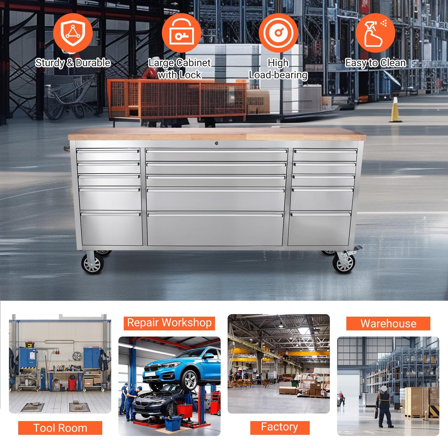 72 Inch Heavy Duty Rolling Tool Chest, Stainless Steel Tool Cabinet with 15 Drawers, Solid Wood Top Workbench, Mobile Toolbox Organizer with Locking Wheels, Power Outlets, for Garage, Workshop, Storag