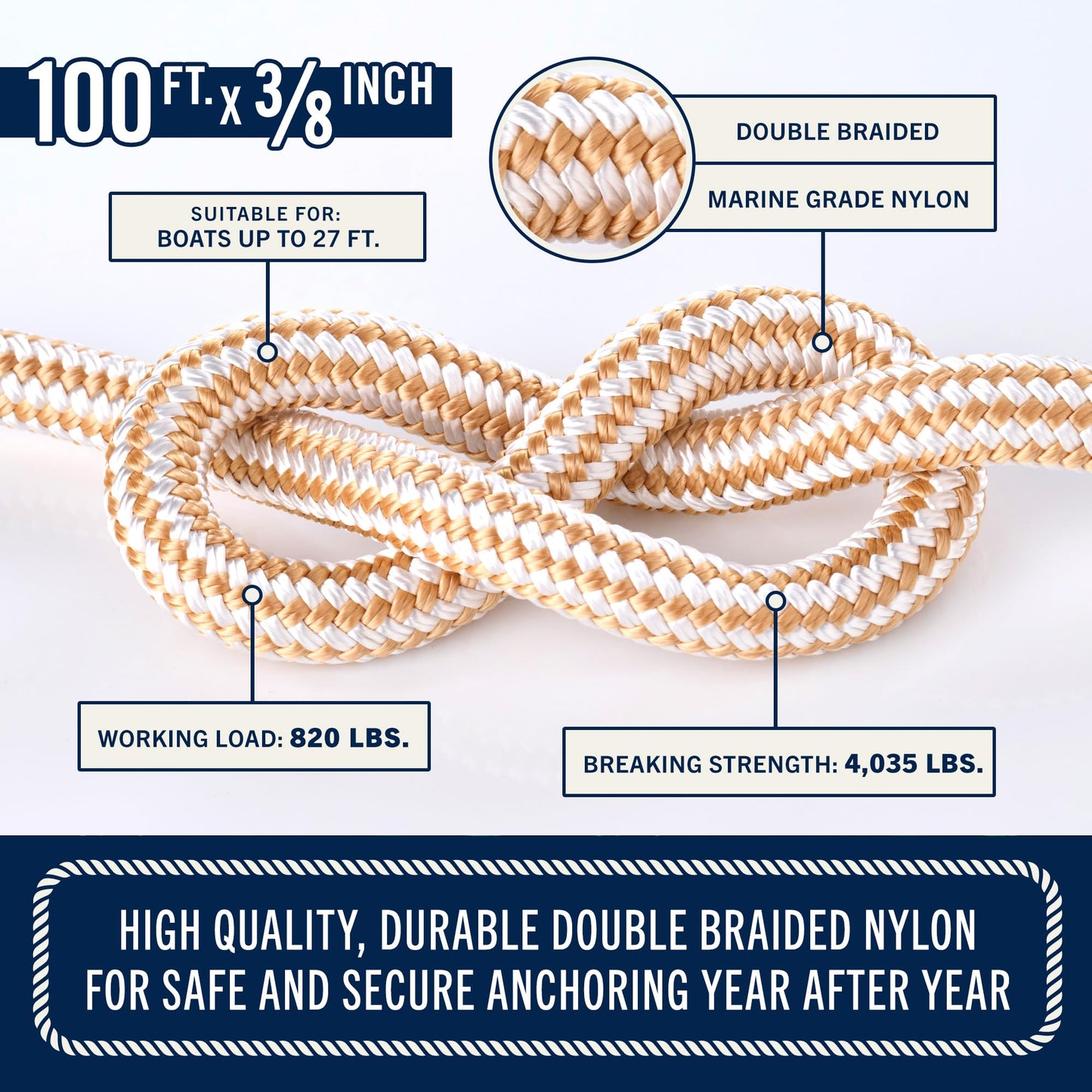 RainierSupplyCo Boat Anchor Rope - Double Braided Marine Rope Anchor Line - 100 ft x 3/8 Inch Nylon Boating Line with 316 Stainless Steel Thimble and Heavy Duty Marine Grade Bow Shackle - White/Gold