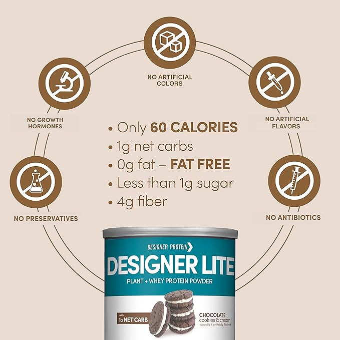 Designer Wellness, Designer Lite, Low Calorie Natural Protein, Prebiotic Fiber, Key Vitamins & Minerals, Chocolate Cookies & Cream, 9.03 Ounces