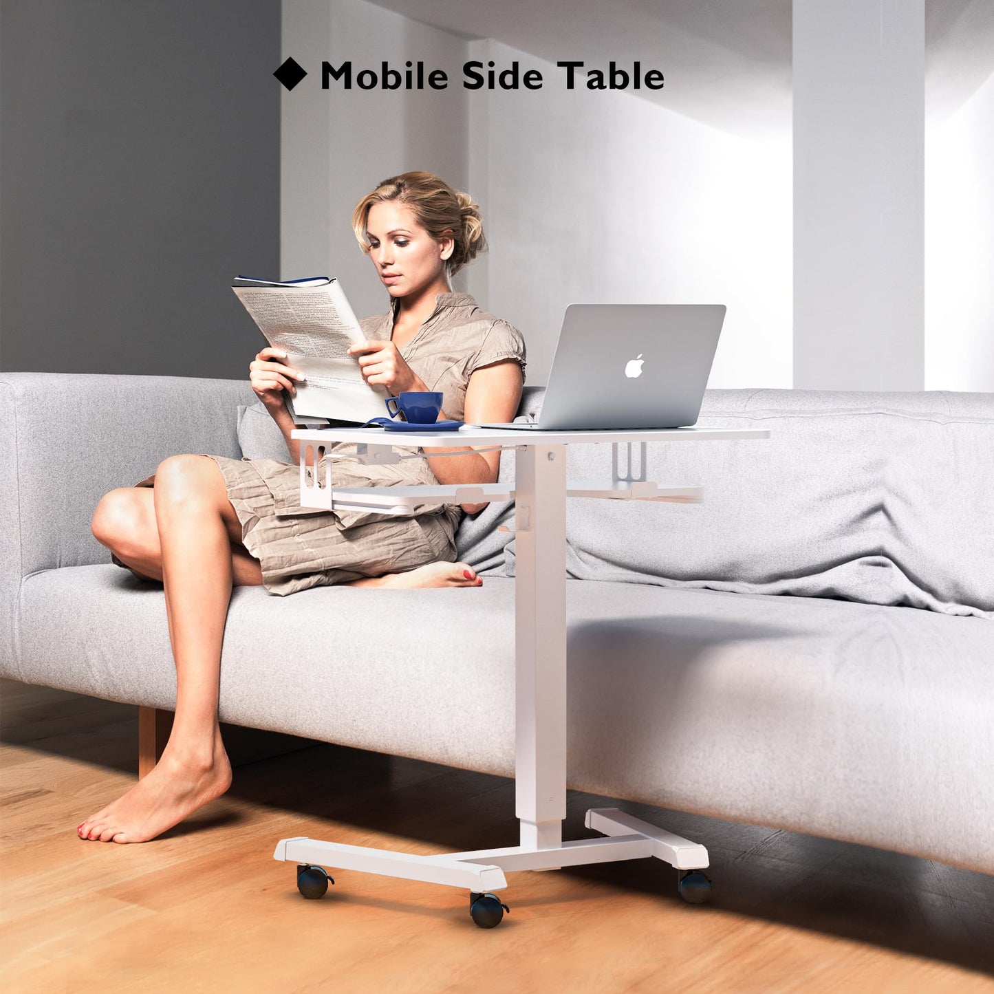BONTEC Mobile Standing Desk with Keyboard Tray, Mobile Podium, Rolling Laptop Sit Stand Desk on Wheels, Adjustable Height Up to 33lbs, Portable Computer Workstation Cart for Living Room, Office, White