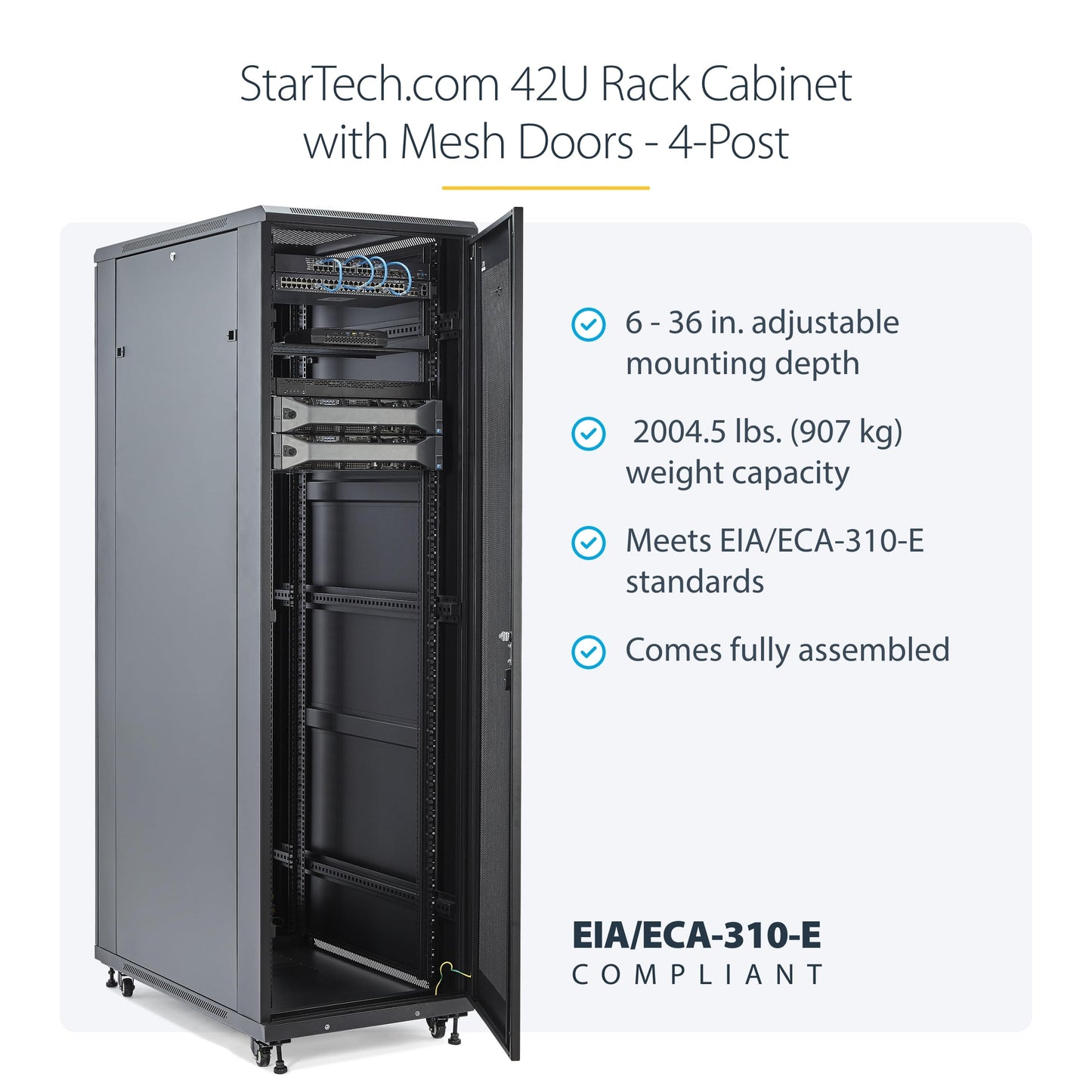 StarTech 42U Enterprise-Grade Server Rack Cabinet, Alloy Steel, 19in Enclosed 4-Post Rack with 36in (91cm) Mounting Depth and 2000lb (900kg) Weight Capacity, Black