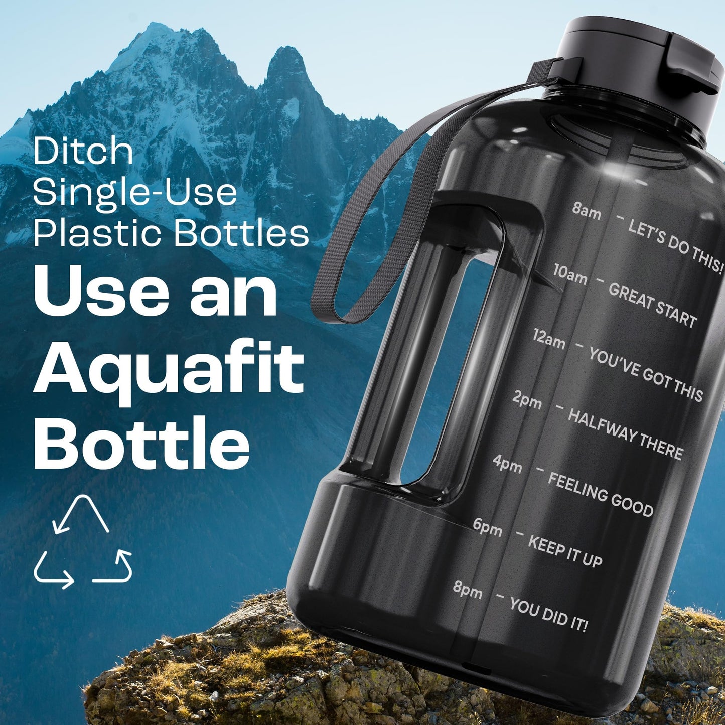 AQUAFIT 128 oz Water Bottle with Time Marker - Straw & Chug Lid - BPA Free 1 Gallon Gym Water Bottle with Handle - Big Gallon Jug (Gray, 128 Ounces)