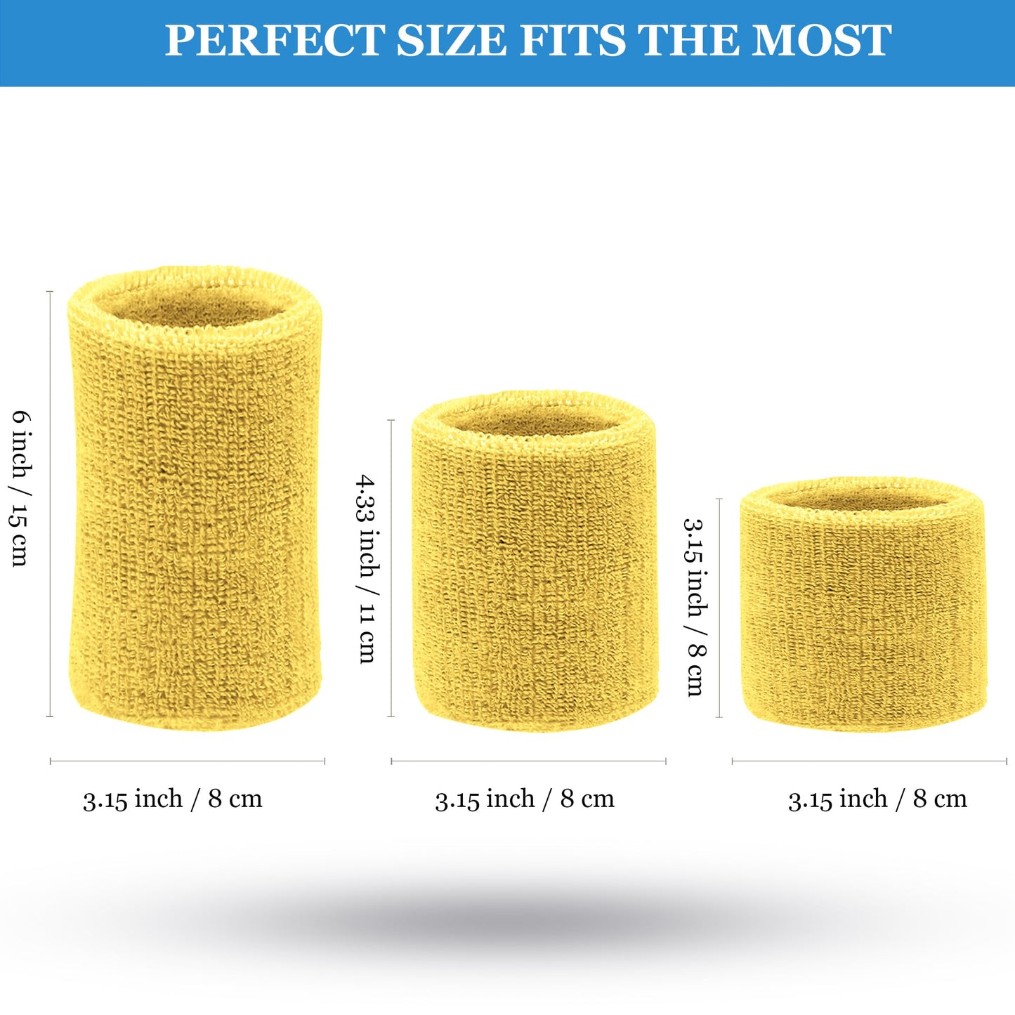 6 Pieces Multi-Sizes Sweatbands Sports Wristband for Men Women Moisture Wicking Tennis Wrist Bands Athletic Cotton Terry Cloth Sweatband for Pickleball,Basketball,Running,Gym,Working Out -Yellow