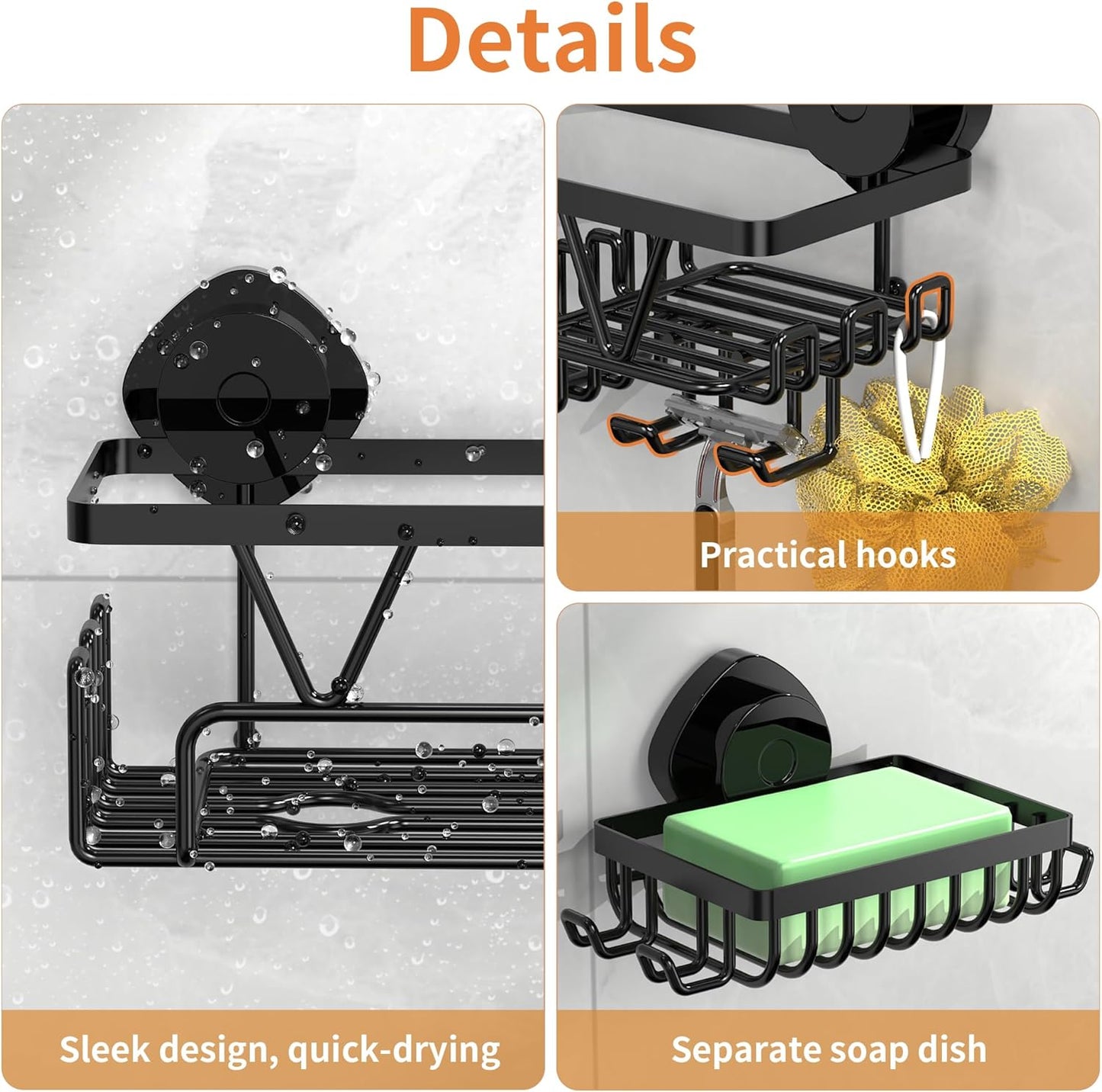 ZUNTO Suction Cup Shower Caddy | 3-Piece Reusable Shelf Organizers with Soap Holder & Hooks - No Drilling
