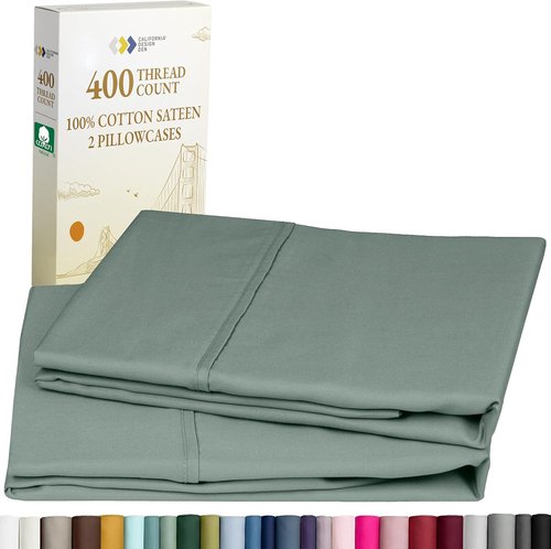 California Design Den Pillowcase Set | Standard Queen Size, 400 Thread Count, 100% Cotton Sateen, Soft Sage Green - Set of 2