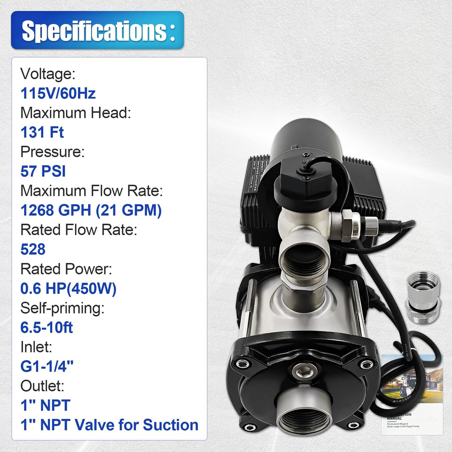 450w 57PSI Smart Water Pressure Booster Pump 1" NPT 21GPM, 115VAC 60Hz Boosts 7 Water Outlets for Home Shower Irrigation Energy Saving Multistage Centrifugal Pump