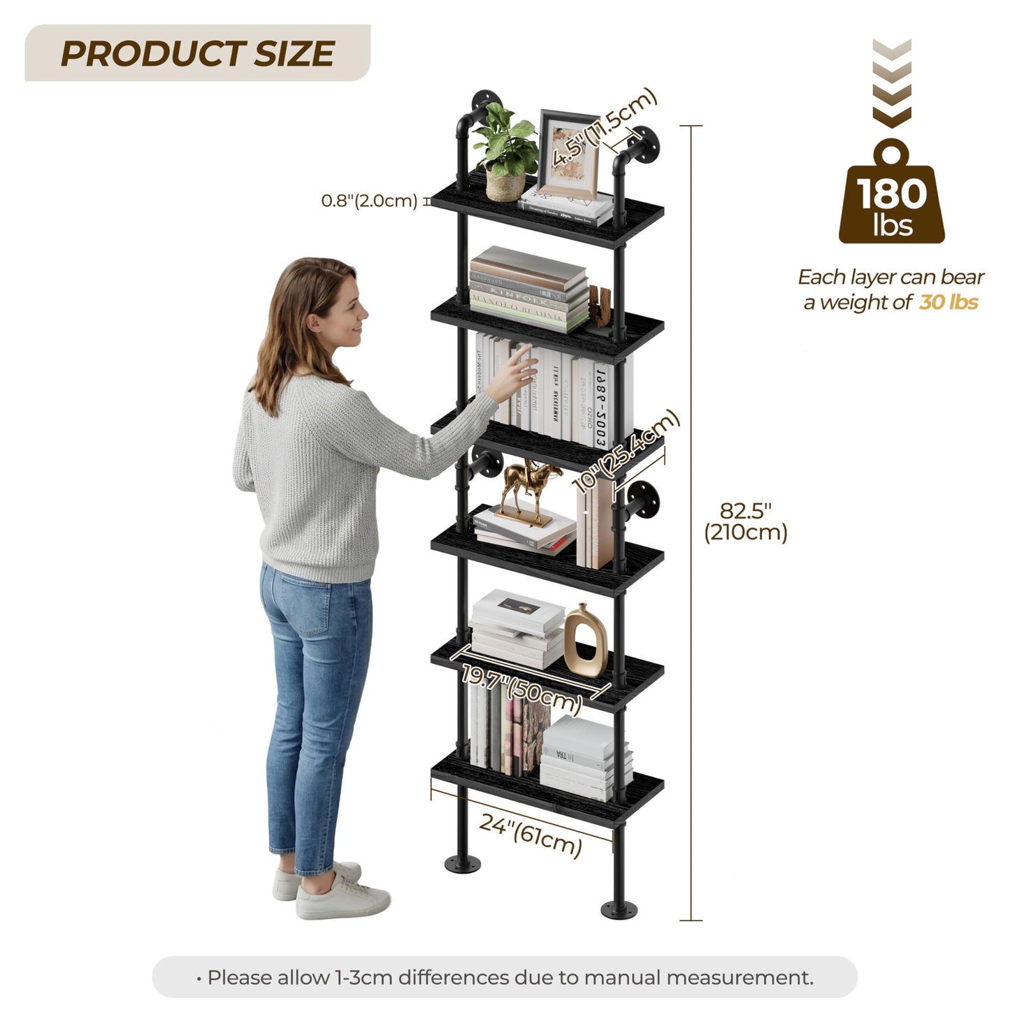 Anynice 6-Tier Ladder Shelf with Warm LED Light Strip, Solid Pine Wood Wall Mounted Bookshelf in Black, 24-Inch Industrial Pipe Bookcase for Living Room, Bedroom, Home Office
