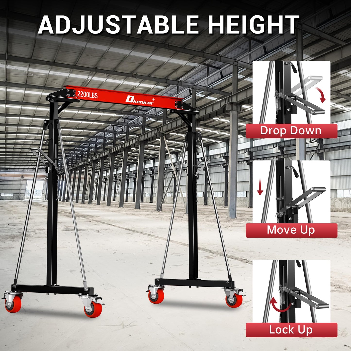 Dkenicor Adjustable Gantry Crane, Max 3000Lbs Adjustable Height 8.57 to 12.14ft, Steel I-Beam Construction Portable Shop Hoist for Factories, Warehouses, Auto Repair, Construction Site, Red
