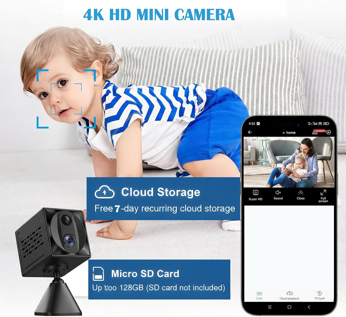ZTTAOLII 5G 4K WiFi Hidden Spy Camera HD Mini Camera Indoor Security Cam,SD Card Storage & App Control, Night Vision