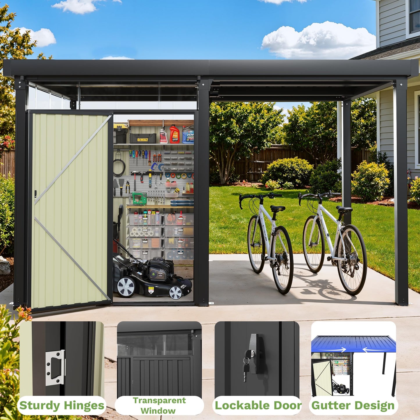 Greesum 2-in-1 Outdoor Storage Shed & Gazebo, 7x8FT Metal Lockable Shed and 7x8FT Open-Sided Pergola, Gutter Design and Transparent Window, for Patio, Garden, Backyard, Gray