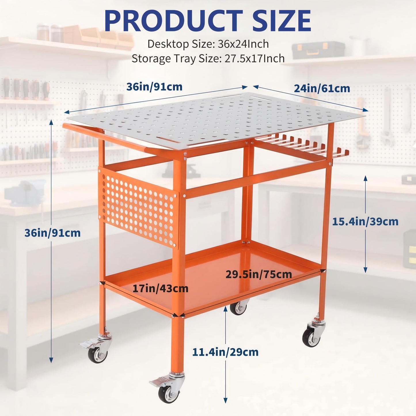 800LBS Welding Table, 36"x24" Portable Welding Workbench with 2 Brake Wheels & 4 Feet, Heavy Duty Steel Frame, Side Pegboard, Hooks and Tool Tray, for Garage Workshop, Orange