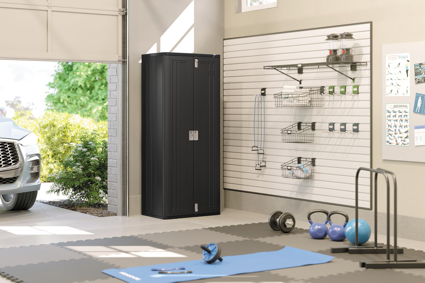 Suncast Tall Storage Cabinet for Garage Organization - 72" Freestanding Utility Closet with Shelving for Garden Supplies, Paint Cans & Outdoor Tools, Multi-Wall Resin Construction, Black