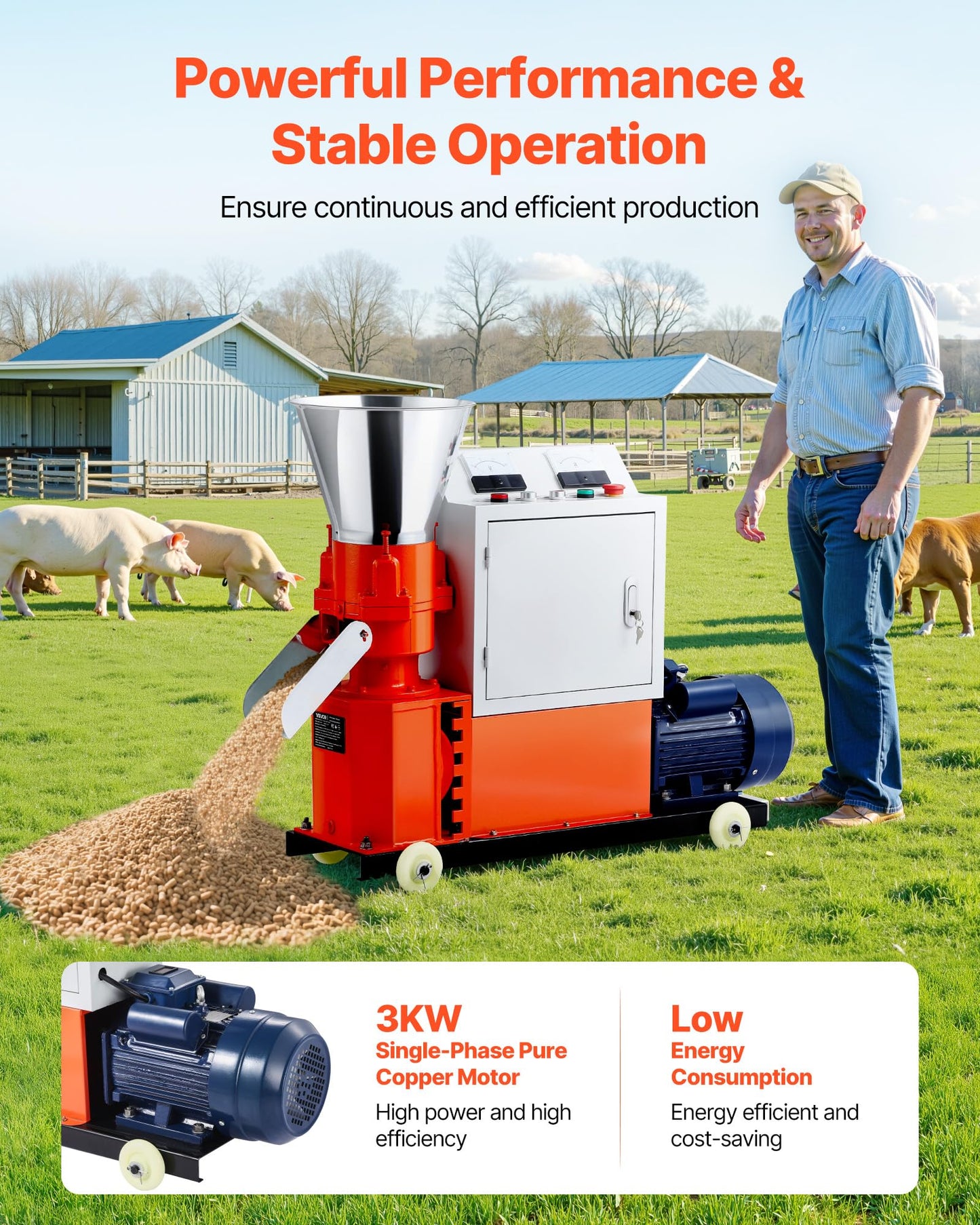 VEVOR Feed Pellet Mill Machine, 6 mm Animal Feed Pellet Making Machine, 3KW 240V Animal Food Granulator Mill Machines with 3 Pressure Rollers & 4 Wheels, Ideal for Poultry, Livestock, Farm Animals