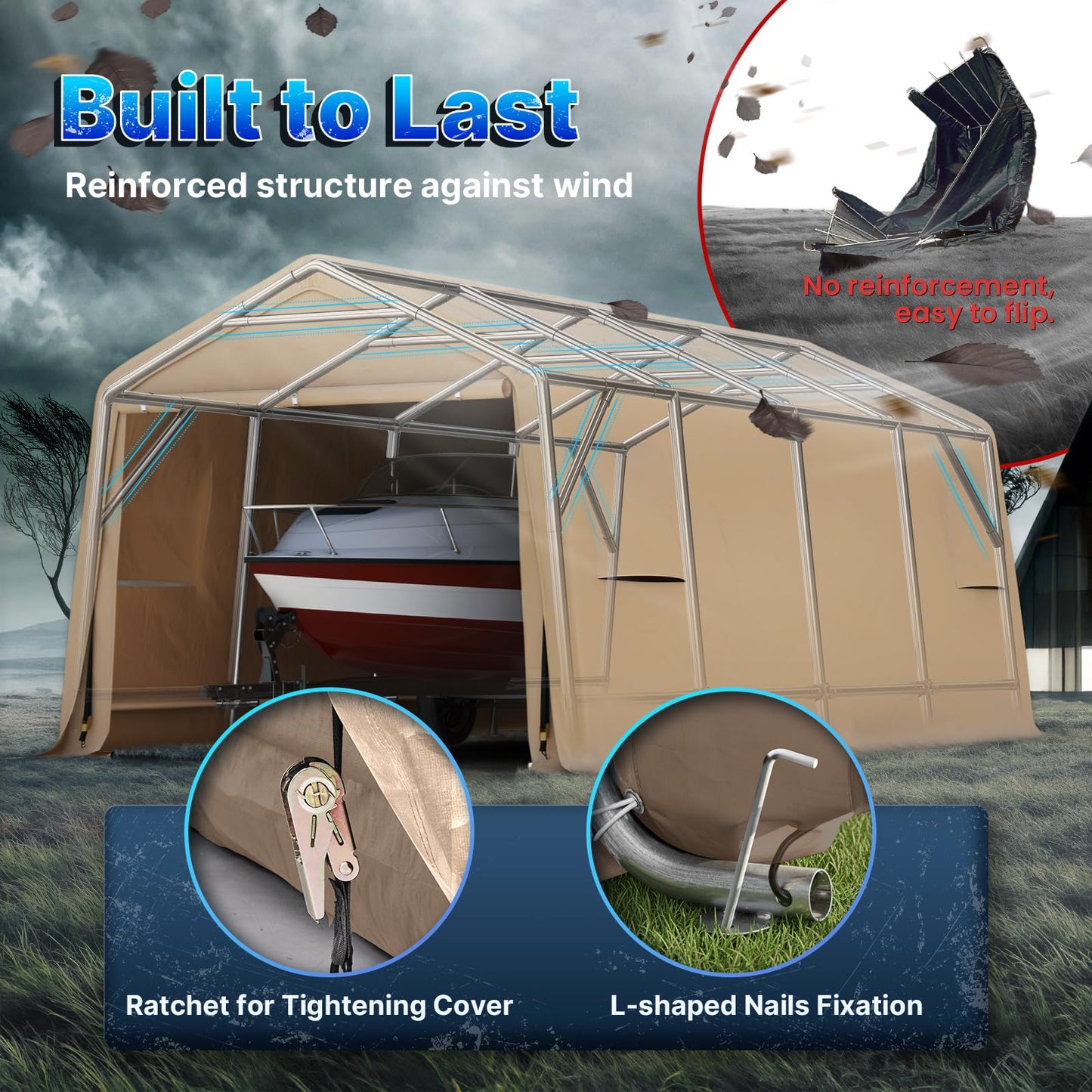 ADVANCE OUTDOOR Heavy Duty 10X20 ft Carport Outdoor Patio Portable Canopy Storage Shelter Shed with 2 Rolled up Zipper Doors & Vents for Snowmobile Garden Tools, Beige