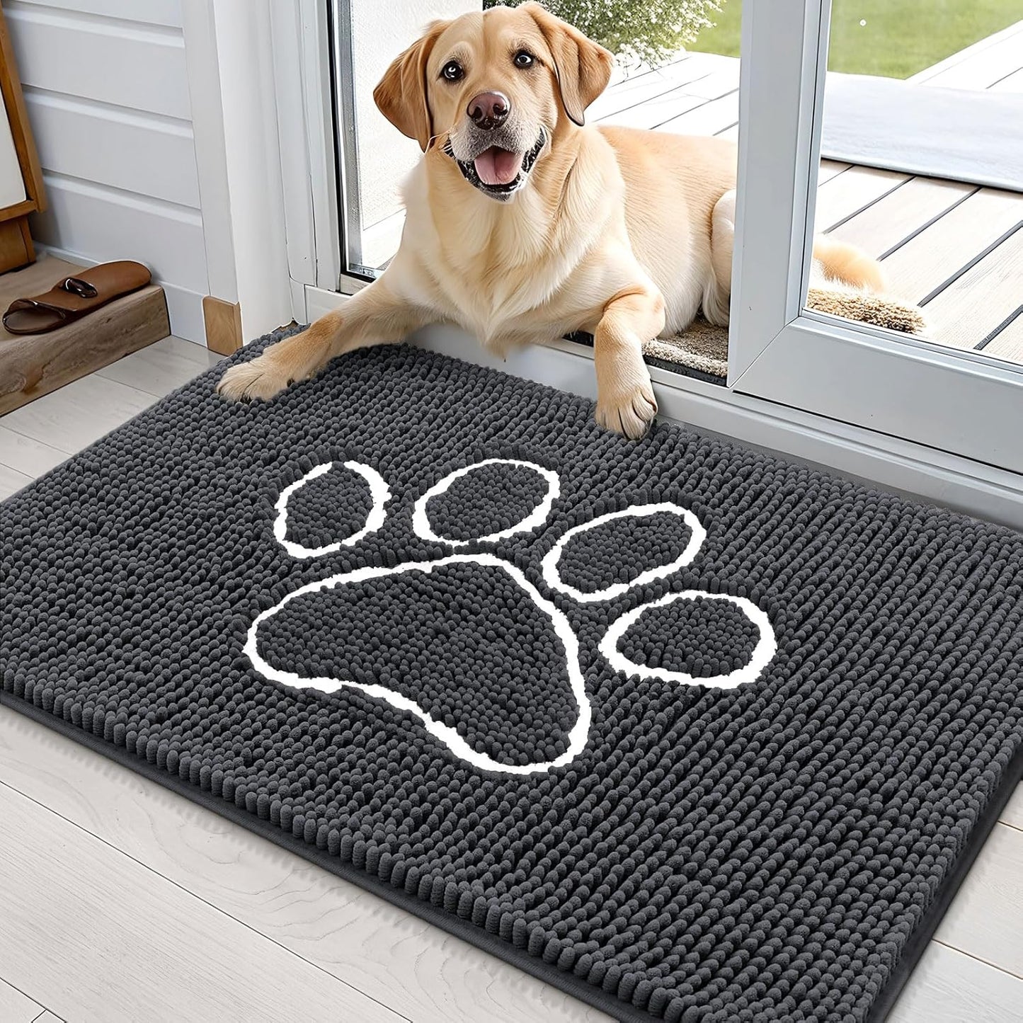 OLANLY Dog Door Mat - Absorbent Non-Slip Mud Mat for Paws | 35x24 Dark Grey Chenille Design