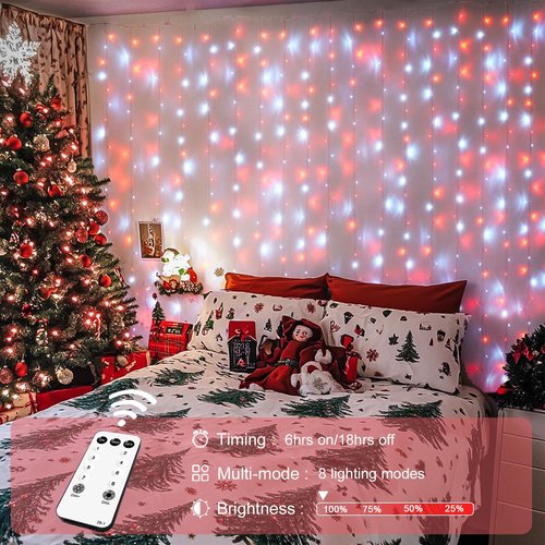 JMEXSUSS 300LED Christmas Curtain Lights - Red & White Twinkle Fairy Lights | 9.8x9.8ft with Remote