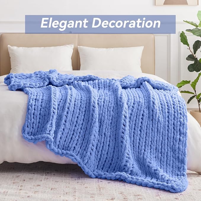 Negwoo Chunky Knit Throw Blanket, 50''*60'' Knitted Throw Chenille Yarn for Bed Couch, Handmade Light Blue Crochet Big Thick Blanket, Machine Washable Cute Comfy Blanket for Home Decor