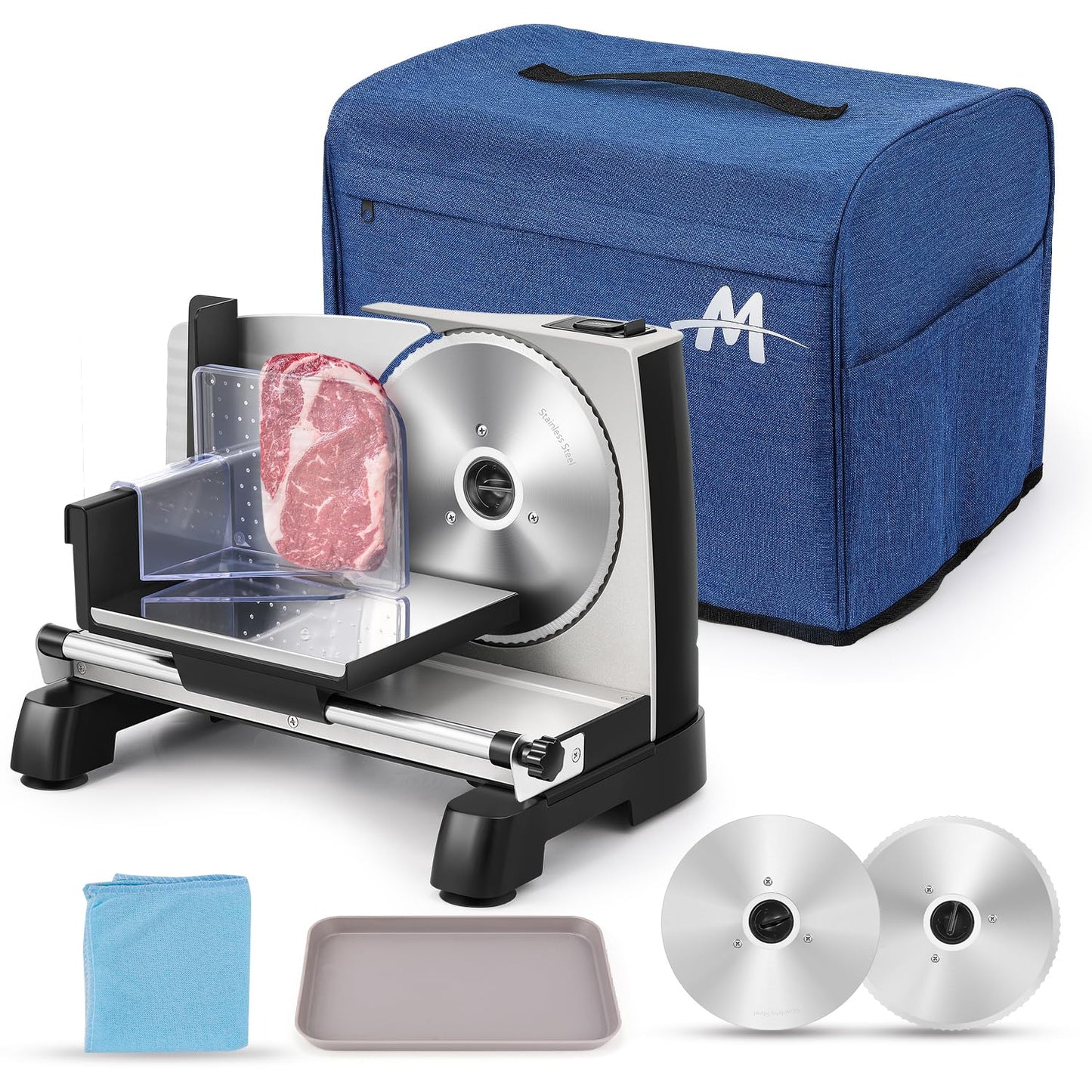 Moongiantgo Meat Slicer Electric with Removable 7.5’’ Blades Stainless Steel, 0-18mm Adjustable Thickness, Deli Food Slicer with Child Lock Protection for Meat, Fruit, Bread, Cheese, 110V