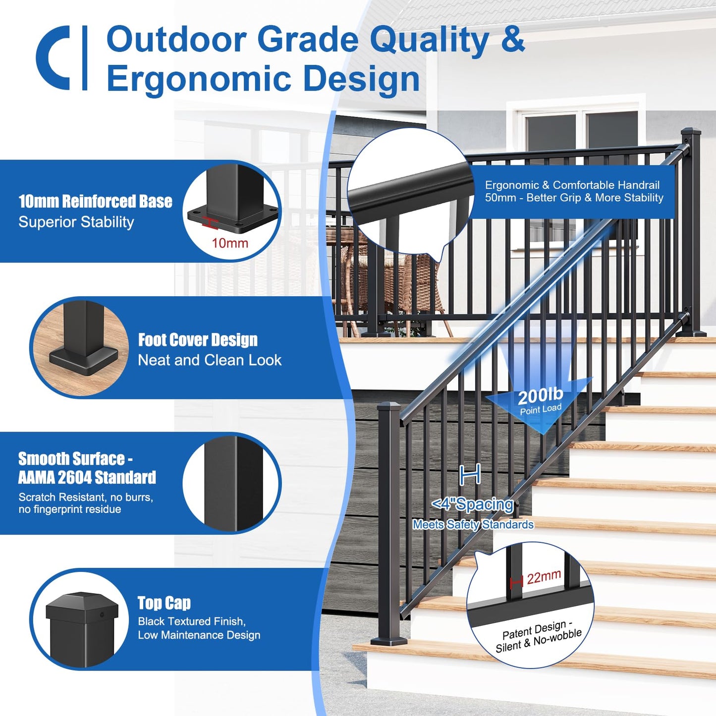 CKE 36 in. H x 6 ft. W Porch and Deck Railing Kit with Post, Aluminum Stair Railing Kit Outdoor, AAMA 2604 Textured Matte Black Stair Railing System for Decks, Porches & Balconies(2 Post, 2 Panel)