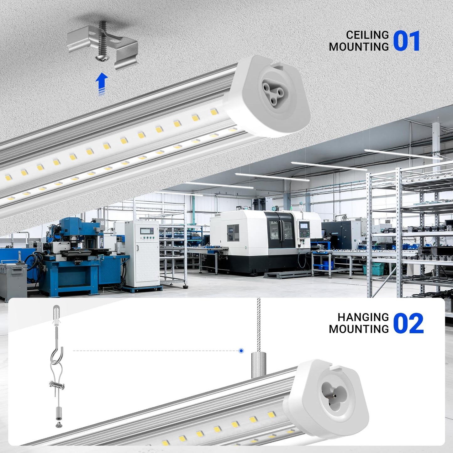Barrina 8FT LED Shop Light, 140W 17000LM 5000K, U-Shaped 3 Rows LED Garage Lights, Linkable, Hanging & Flush Mount, 8 Foot Commercial LED Shop Lights for Garage, Workshop, Kitchen, 10 Packs, Silver