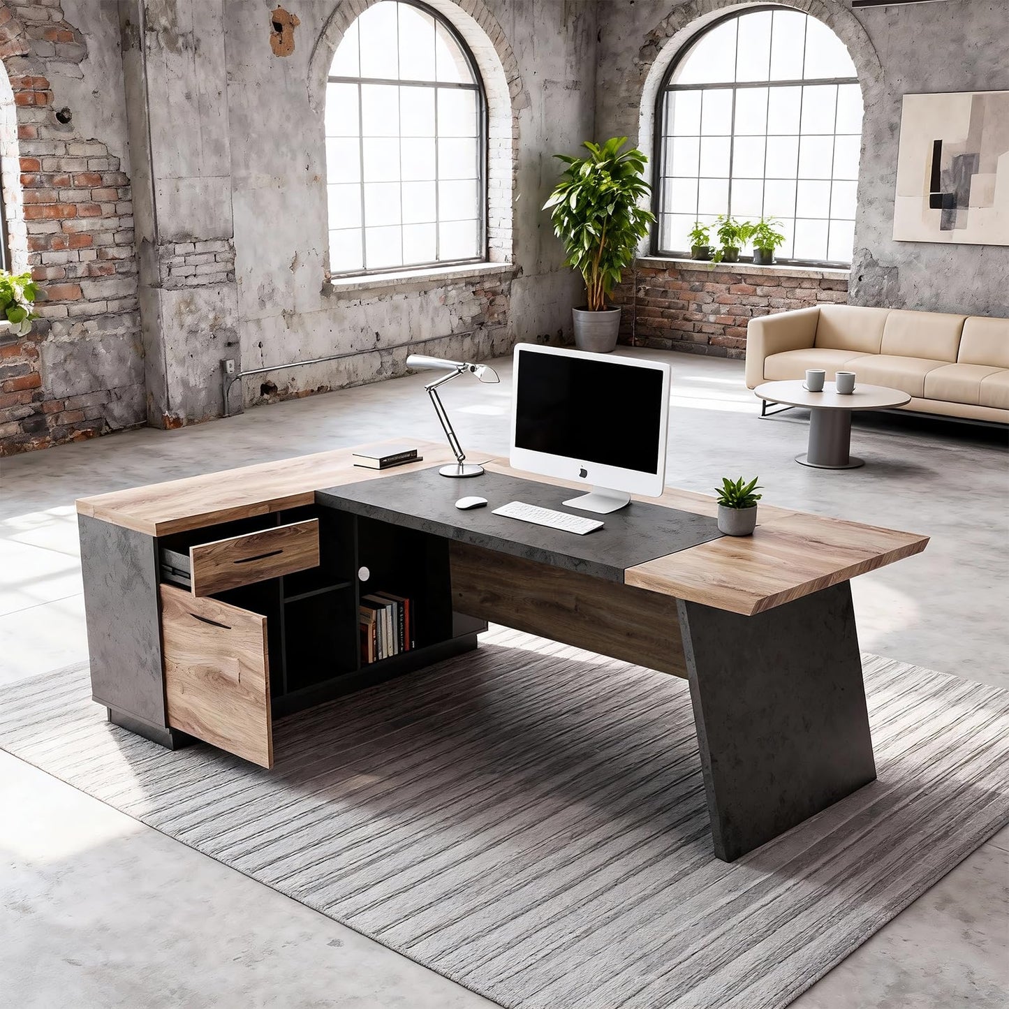 ONNAHOMEStlyle 78.74 Inch L Shaped Office Desk with Drawers & Built-in Power Access, Large Executive Workstation with Storage Cabinet, Modern Wooden Desk for Business or Home Office (Mahogany, Left)