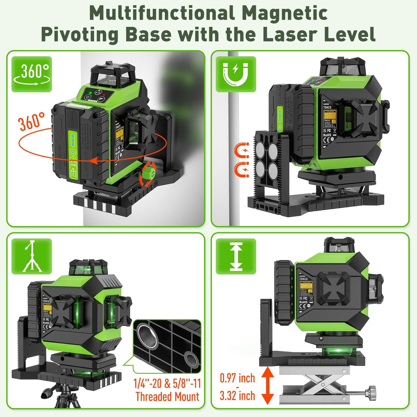 Huepar 4 x 360 Laser Level Self-leveling 4D Green Beam Cross Line 16 Lines Tiling Floor Laser Tool - 2 x 360 Horizontal/Vertical Laser Lines -rechargeable & Integrated Magnetic Bracket 704CG