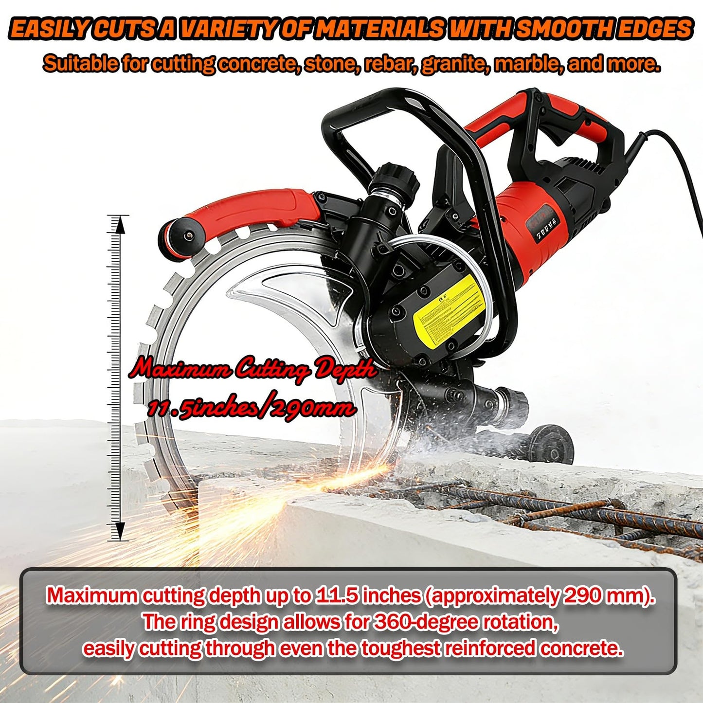 16" Concrete Ring Saw, 9500W Toroidal Electric Concrete Saw Cutting Machine, Wet Cutting System, Max Cutting Depth 11.8" Electric Ring Cutter For Brick, Concrete, Marble And Rebar(9500W)
