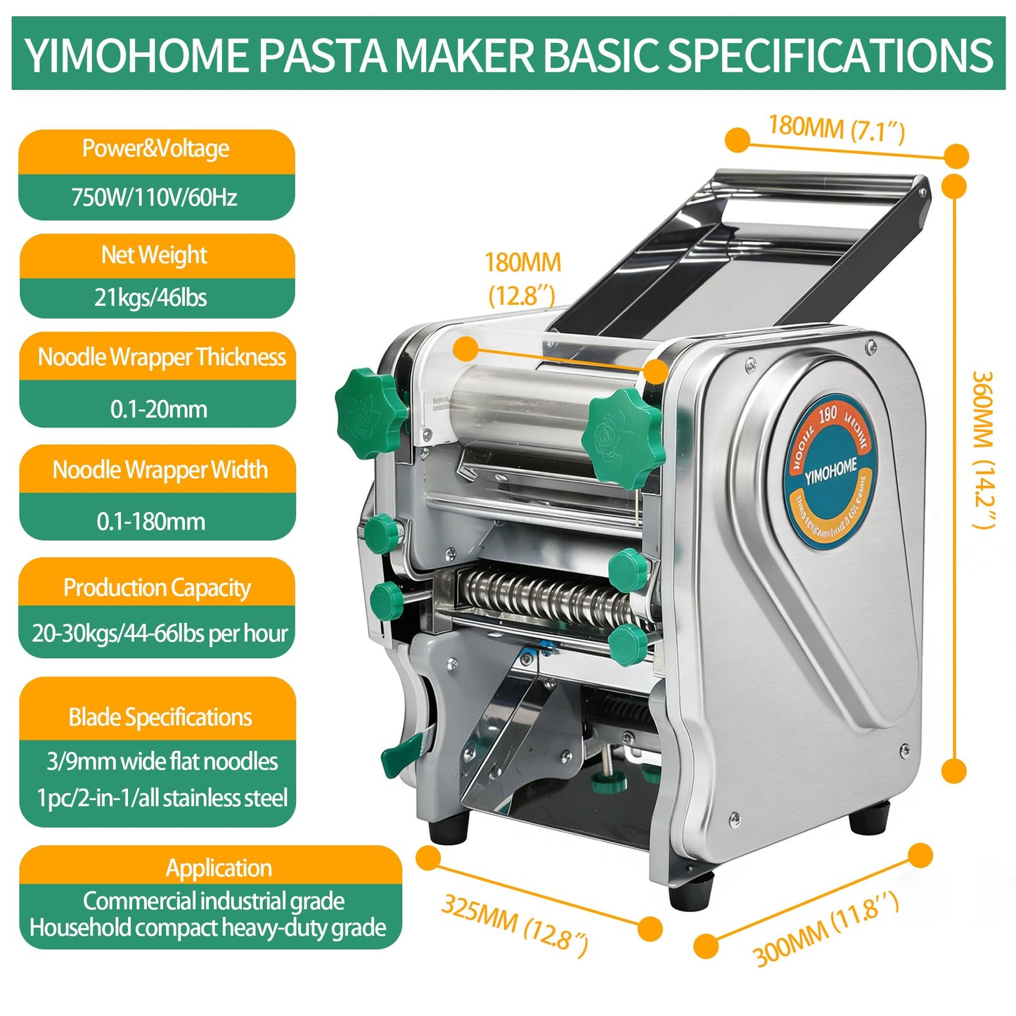 YIMOHOME Commercial Electric Pasta Maker Machine for Business Restaurant,Auto Household Noodle Maker,All Stainless Steel Dough roller,750W Strong Power Pasta Cutter,Heavy-Duty Dumpling Dough Sheeter