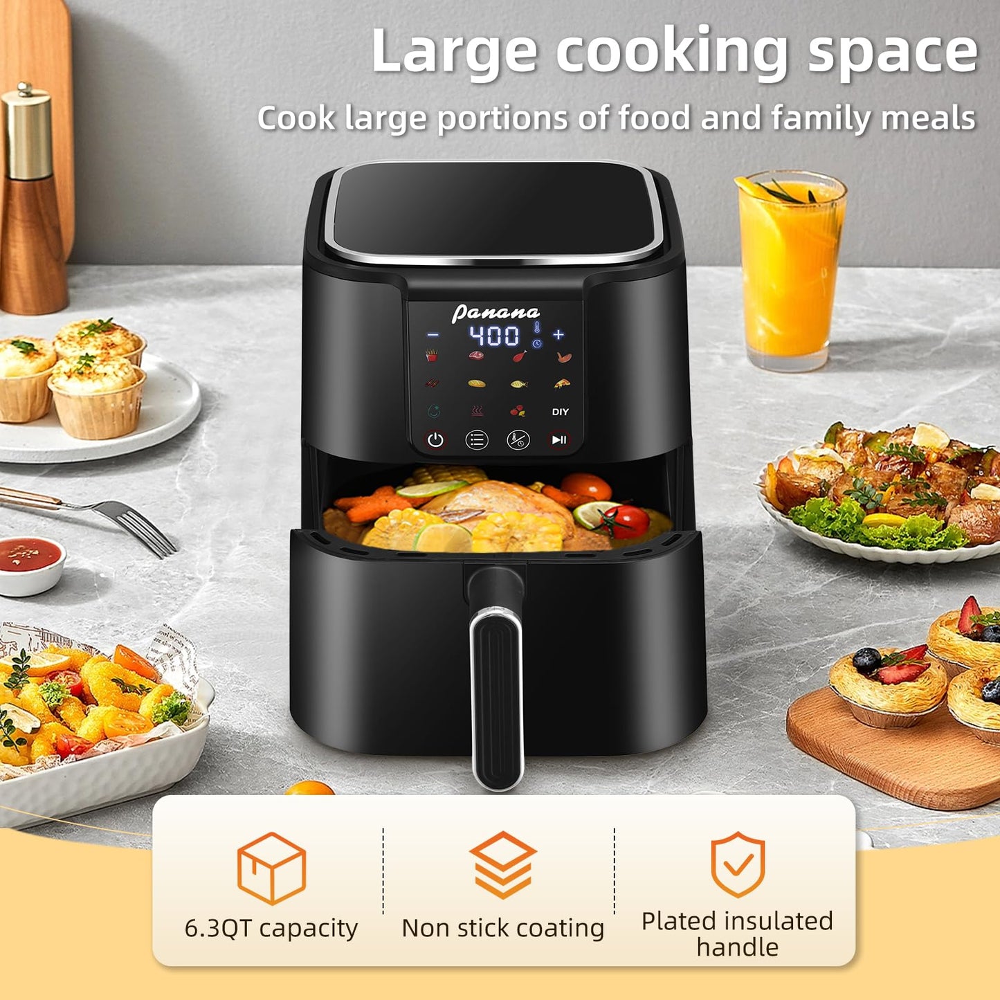 Panana Air Fryer, 6.3QT Large Capacity Air Fryer, Oilless Healty Cooker Airfryer Oven with 12 Presets, 1500W Air Fryers for Quick Meal, Home Use (Black)