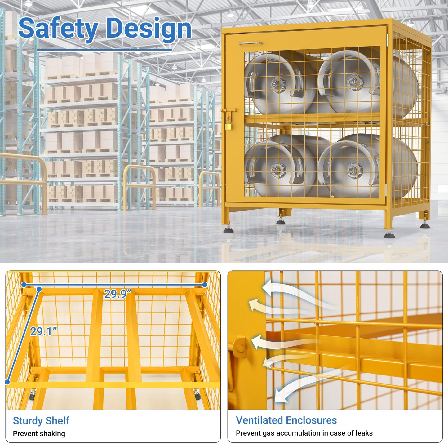 Eastrexon Upgraded Propane Tank Storage Box for 4 Cylinder, Heavy-Duty Horizontal Cylinder Storage Cabinet, 150LB Load Capacity, Powder Coated w/Lock & Keys, 30.9”L x 29.7”W x 36.8”H, Yellow