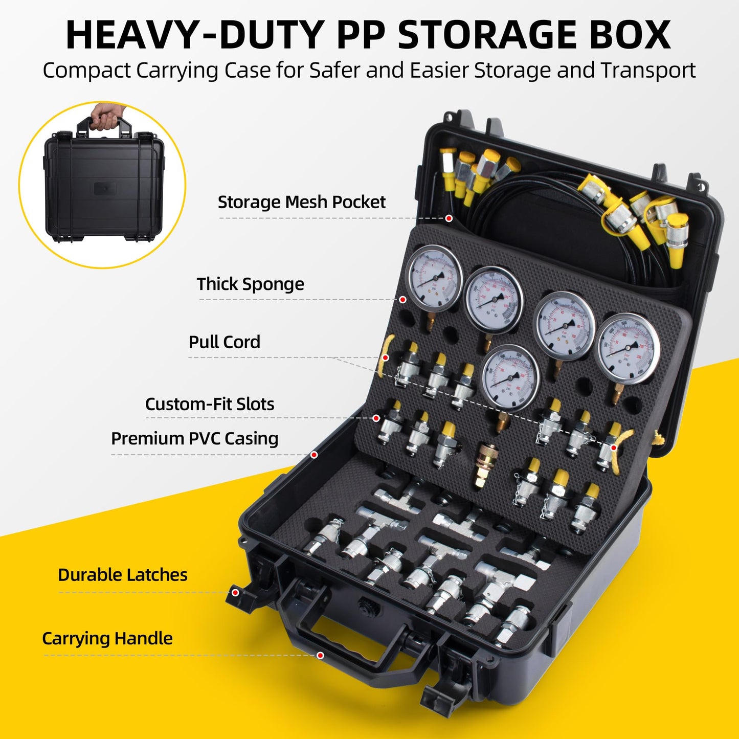 GRYVOZE Hydraulic Pressure Test Kit with 5 Gauges(Max 10000 PSI), 13 Test Couplings 14 Tee Connectors 5 Test Hoses, Hydraulic Gauge Tester Set for Excavator, Construction, Machinery, and Mine