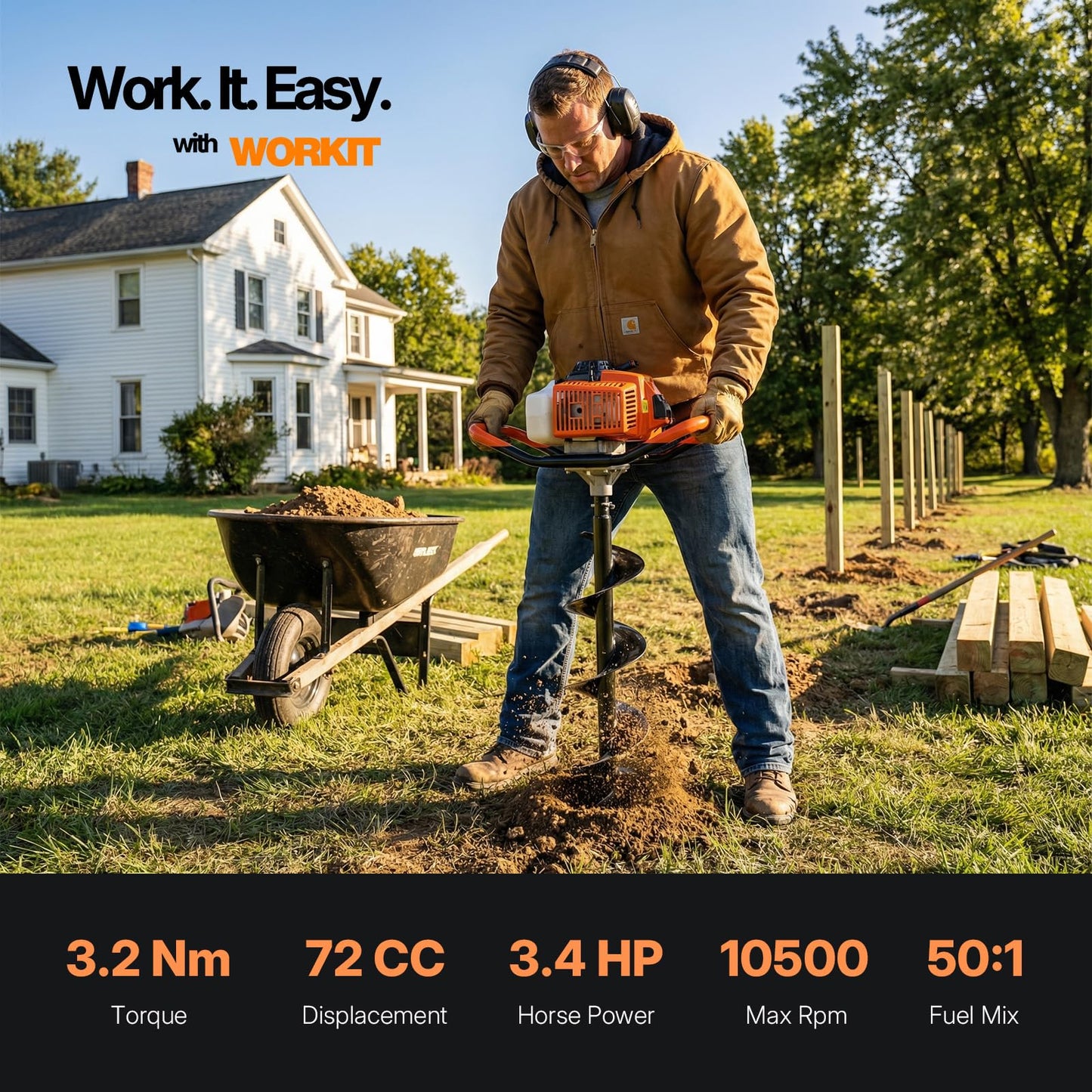WORKIT 72CC Post Hole Digger, Auger Post Hole Digger Easy Start, 2-Cycle Xtreme Engine, Gas Powered Earth Auger with 4"+6"+12" Auger Drill Bit, 20"+30" Extension Rods, EPA Certification