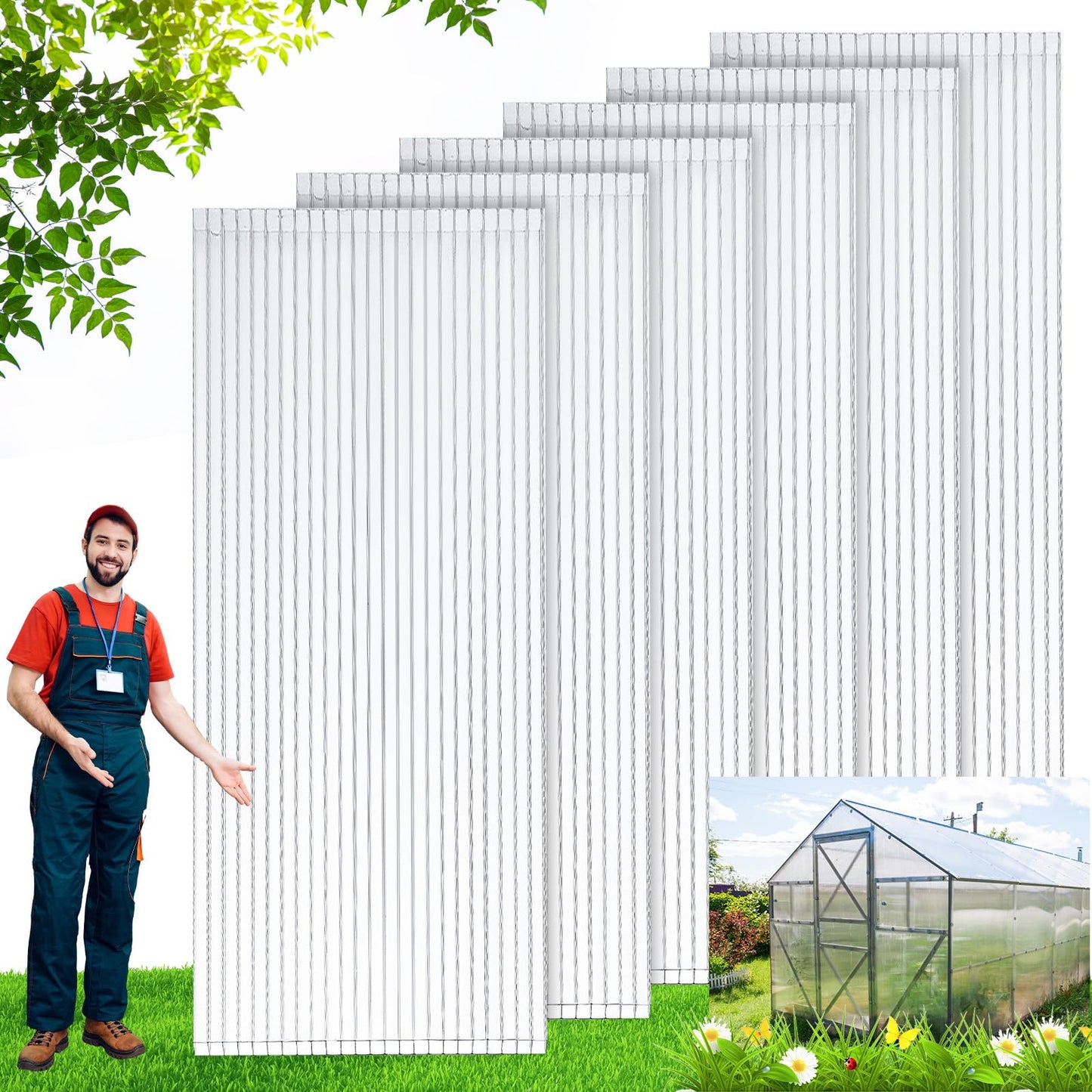 Tatuo 12 Pack 8' X 2' X 0.16'' Polycarbonate Greenhouse Panels Polycarbonate Sheets Twin-Wall Roof Panels Waterproof UV Protected Clear Corrugated Plastic Roofing for Greenhouse Replacement