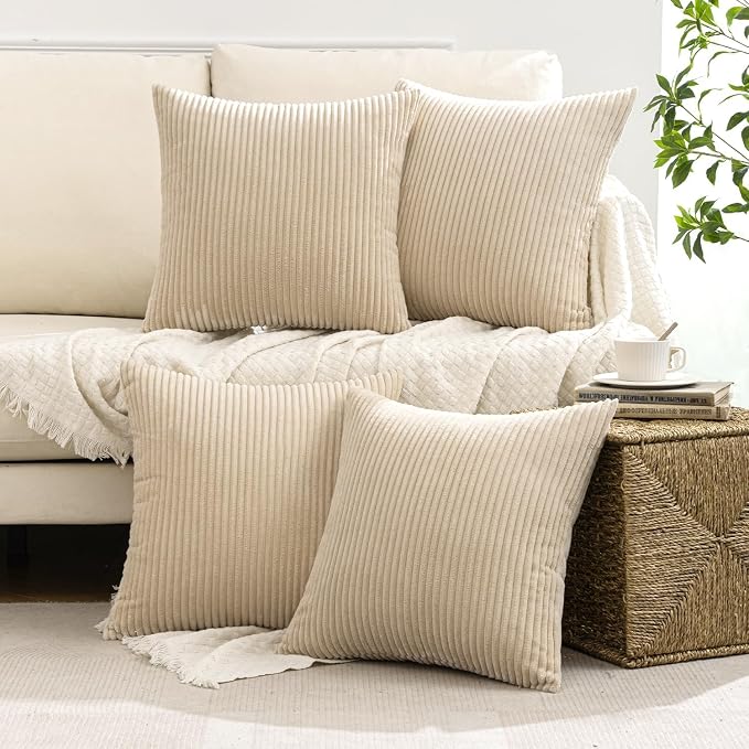 MIULEE Boho Farmhouse Throw Pillow Covers 20x20 Inch Set of 4 Mordern Nordic Cushion Covers Soft Corduroy Spring Home Decor for Couch Bed Sofa Living Room Beige