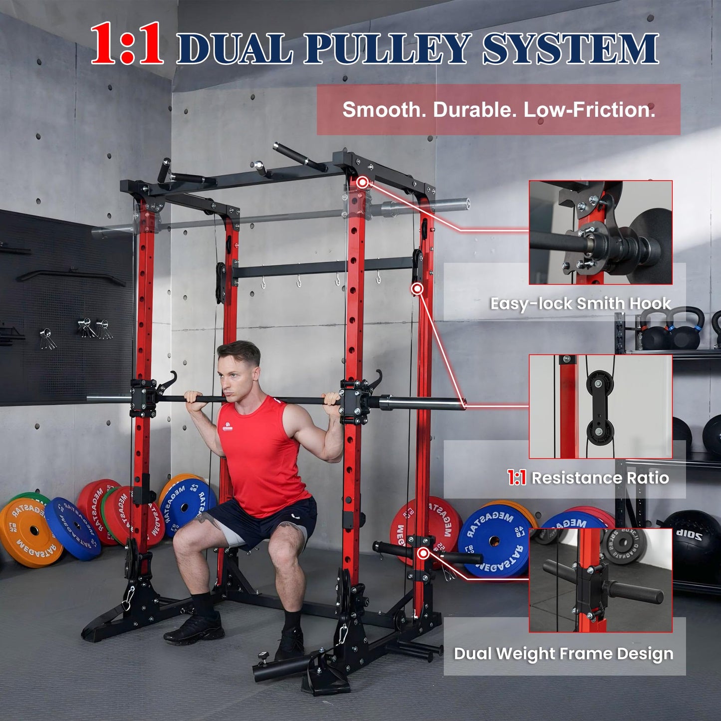 Smith Machine, 5 in 1 Heavy-Duty Squat Rack with Cable Crossover, All-in-One Home Gym Power Rack for Full-Body, Dual 1:1 Pulley System