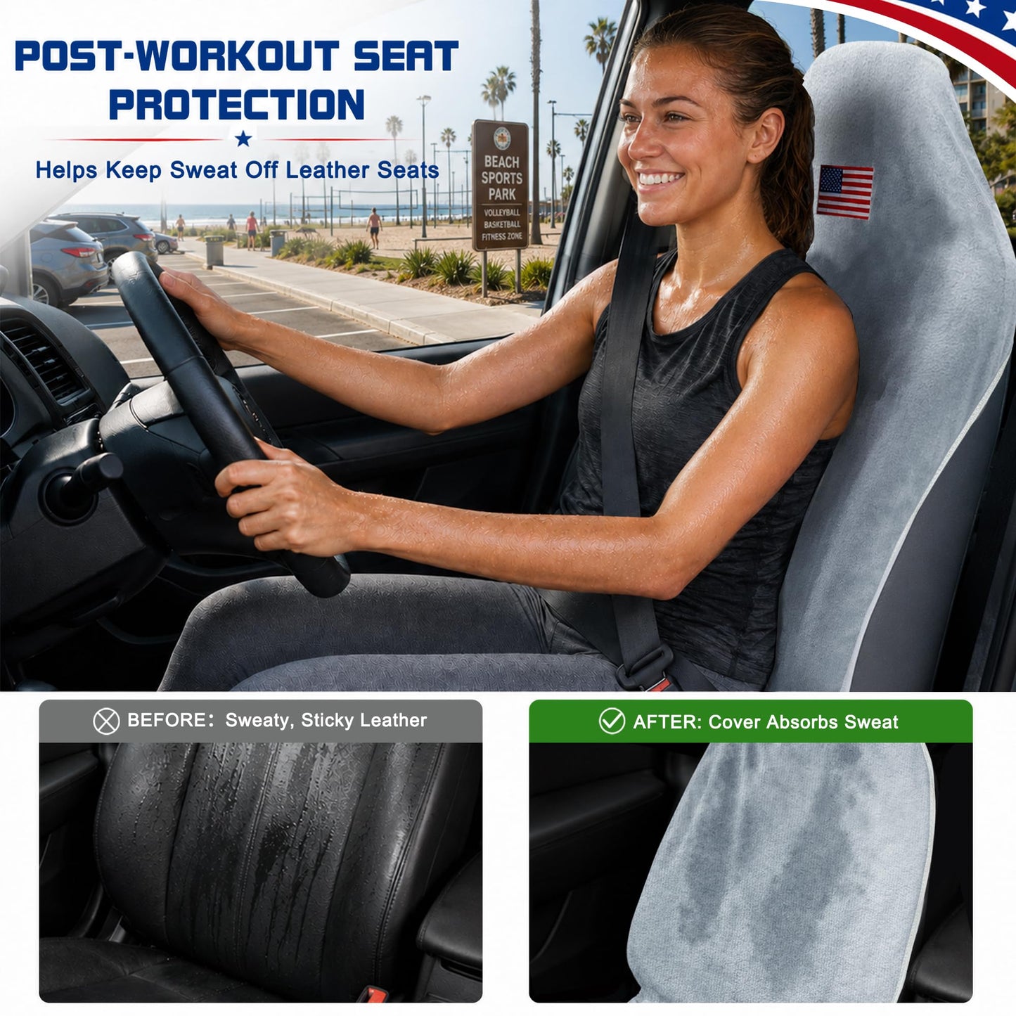 CORTHENA Car Seat Towel Cover (2-Pack), Sweat-Proof & Absorbent Microfiber Seat Protector for Gym, Workout & Beach, Universal Fit for Most Cars, SUVs & Trucks, 59"x29", Silver Gray Flag