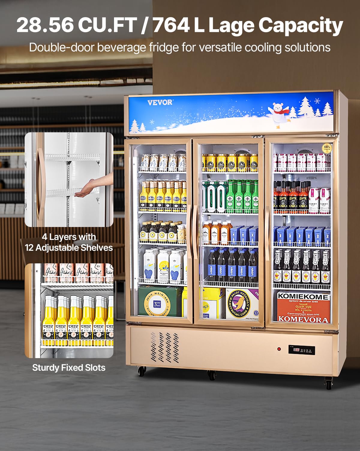VEVOR Commercial Merchandiser Refrigerator Triple Glass Doors, Cubic Ft, Upright Display Beverage Cooler 79" Tall x 60" Width, Fridge with LED Lighting for Drink Wine Soda, Gold, 35 cu.ft
