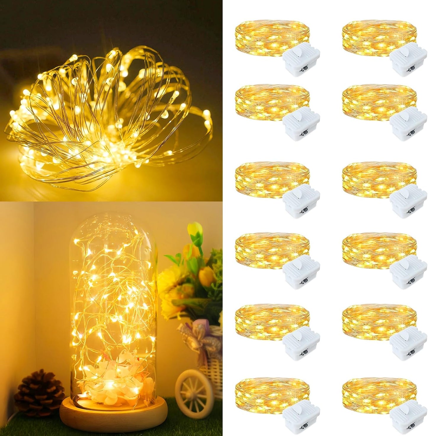 Skiennix 12-Pack Fairy Lights - 7ft Battery Operated Mini String Lights | Waterproof Silver Wire for Weddings & Parties