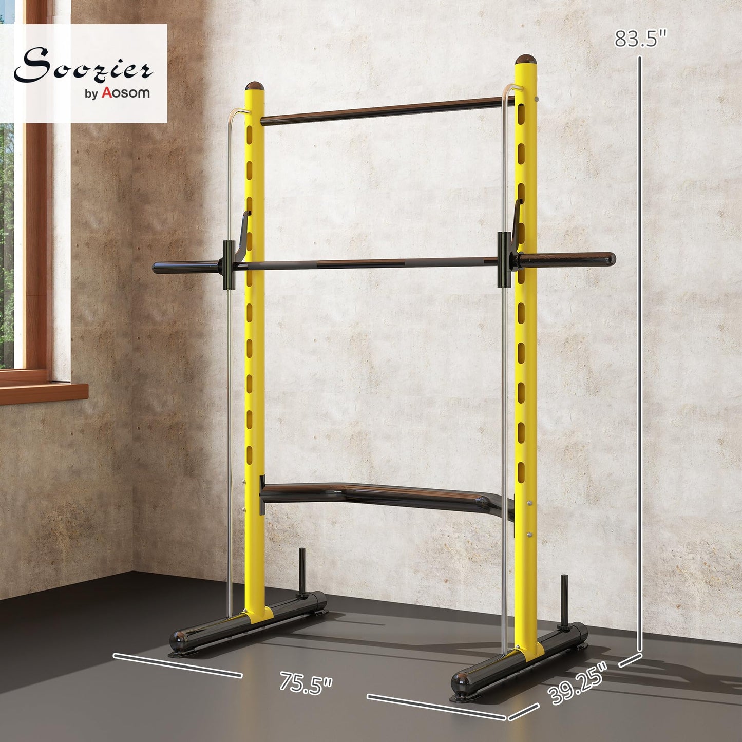 Soozier Squat Rack with Pull-Up Bar, Adjustable Power Rack with Barbell Bar, Multi-Functional Bench Press Rack for Home Gym Strength Training, Yellow