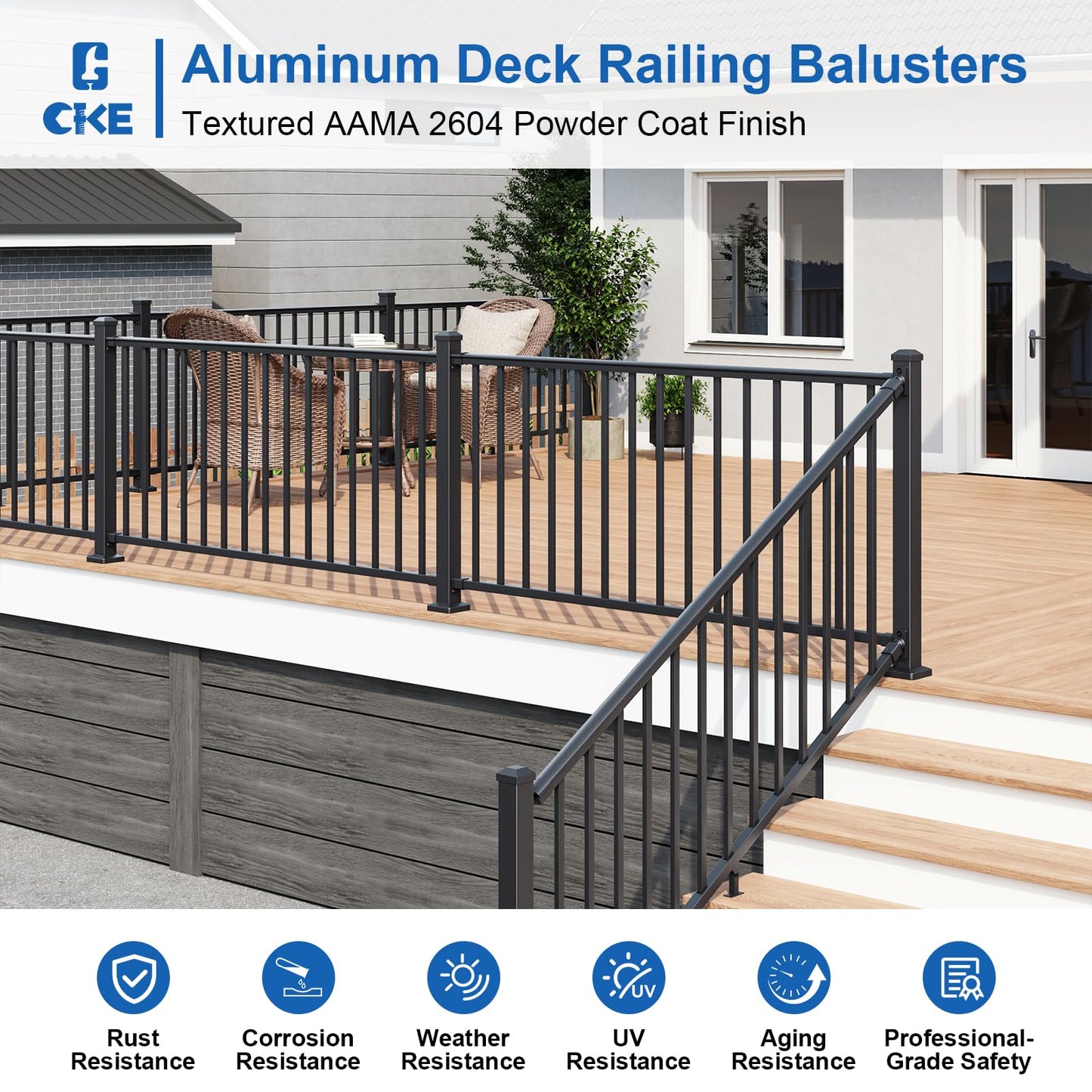 CKE 36 in. H x 6 ft. W Porch and Deck Railing Kit with Post, Aluminum Railing Kit, AAMA 2604 Black Textured Powder-Coat Finish Railing System for Outdoor Decks, Porches & Balconies(1 Post, 1 Panel)