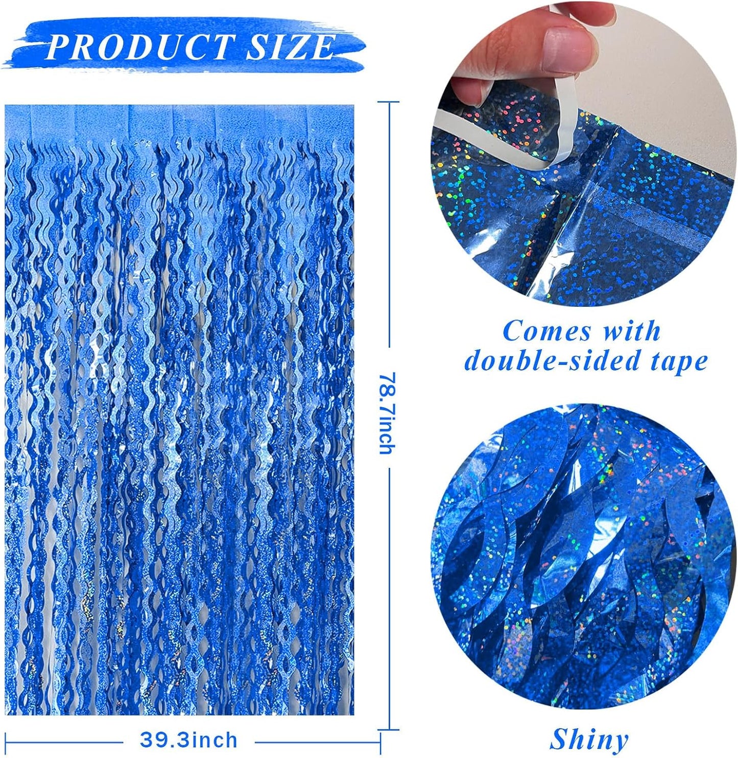 Skiennix Blue Tinsel Foil Fringe Curtains - Sparkling Wavy Backdrop for Parties & Photo Booths