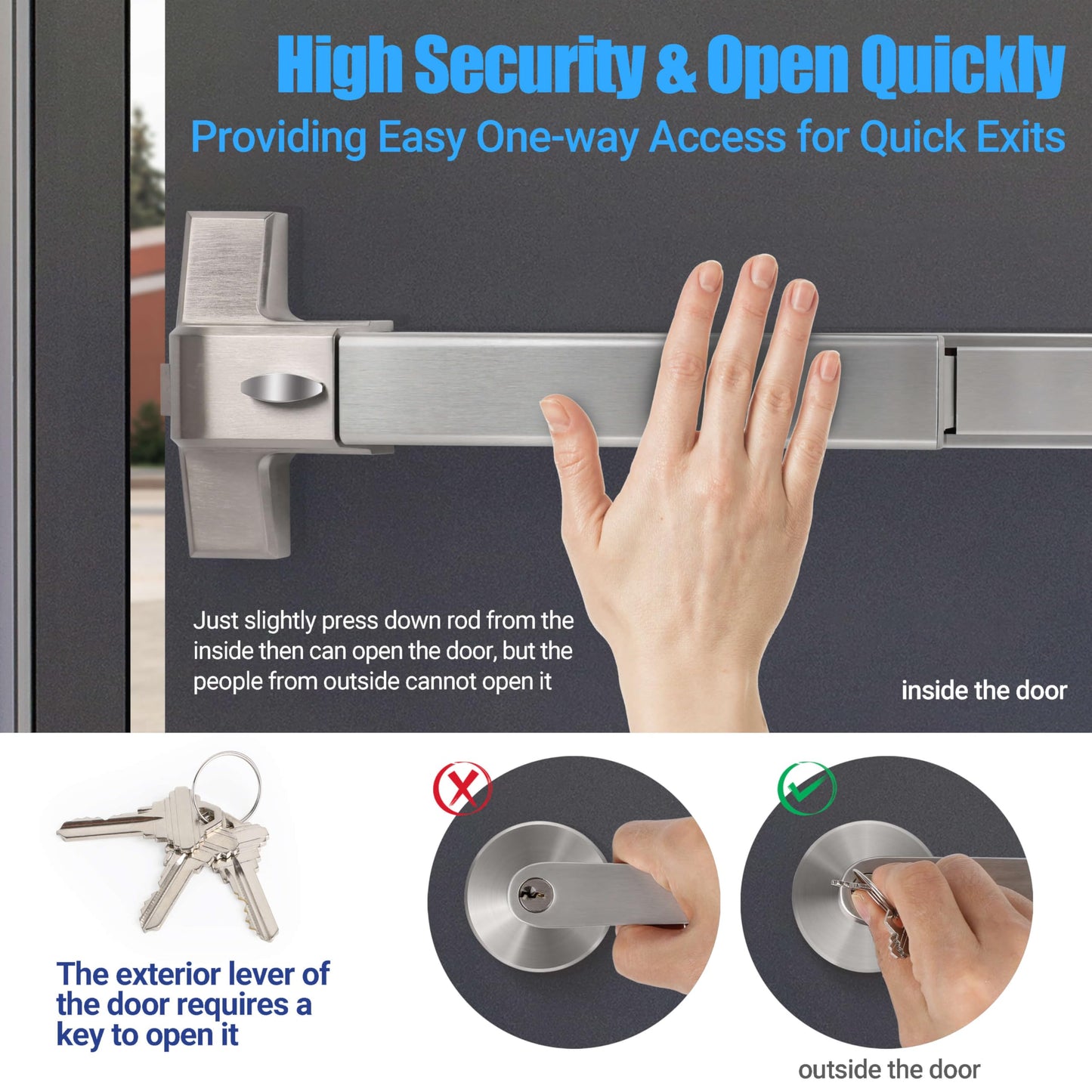 31" Commercial Push Bar Panic Exit Device (304 Stainless Steel) - Panic Bars for Exit Doors with Exterior Lever - Emergency Exit Panic Door Hardware for 31"-47" Wooden/Metal Doors