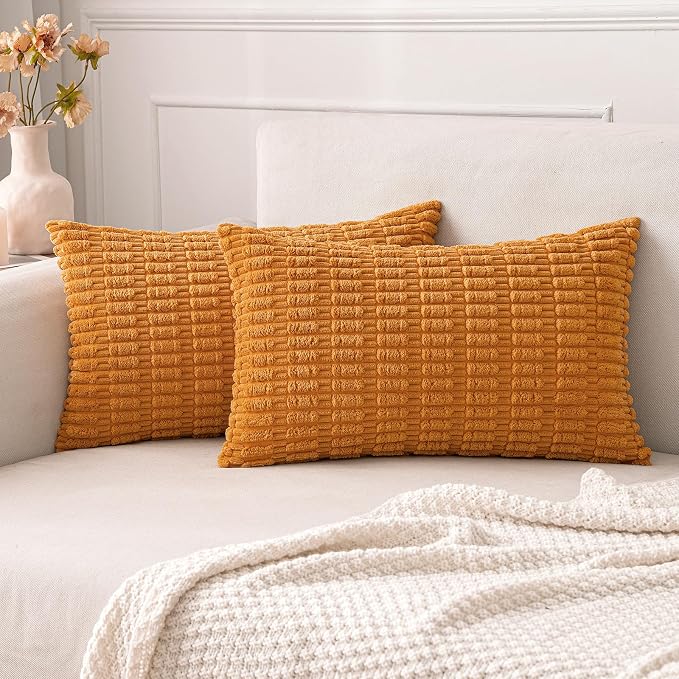 MIULEE Pack of 2 Burnt Orange Corduroy Decorative Lumbar Pillow Covers 20x12 Inch Soft Boho Striped Throw Pillow Covers Modern Farmhouse Home Decor for Summer Sofa Living Room Couch Bed