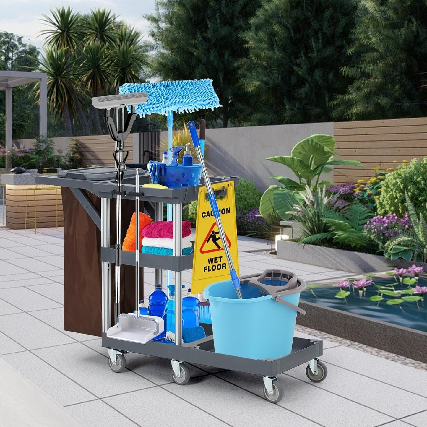 Commercial Traditional Janitorial 3-Shelf Cleaning Cart On Wheels with Cover and Vinyl Bag, Custodial Cart, Housekeeping Carts for Hotels, Stores, Schools, and Business
