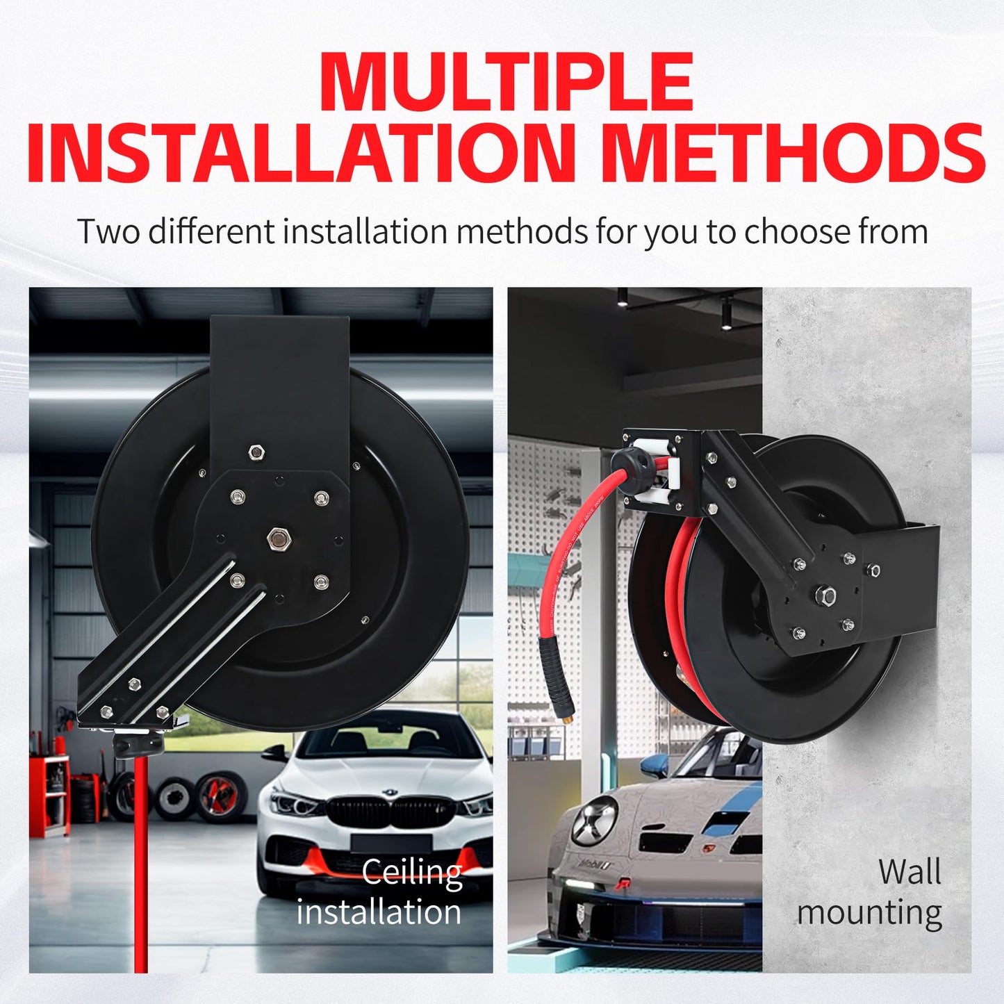 MaxWorks 50 Foot Auto Rewind Retractable Air Hose Reel with 3/8" Rubber Hose 250 PSI Heavy Duty Steel Spring Multi Position Ratchet and Solid Brass Fittings for Garage and Workshop (80720)