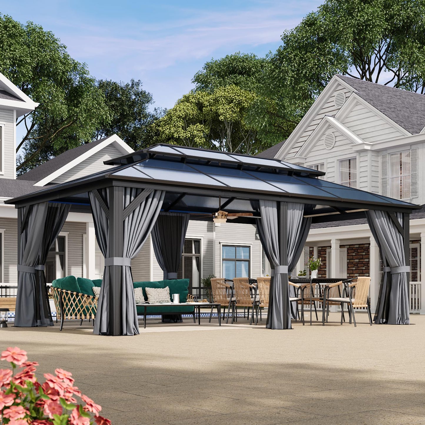 Aoxun 12'x20' Hardtop Gazebo, Aluminum Frame Permanent Pavilion with Curtains and Netting, Outdoor Polycarbonate Double Roof Canopy, Designed for Garden, Lawns, Patio, Gray